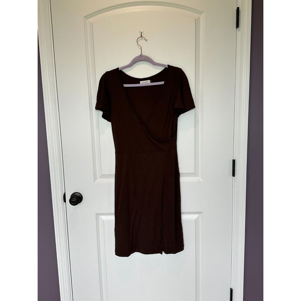 Calvin Klein Faux Wrap Flutter Sleeve Brown Dress Size 6